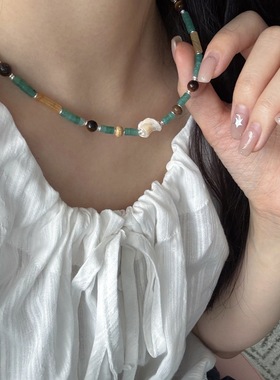 撞色天然石民族风项链东陵玉串珠