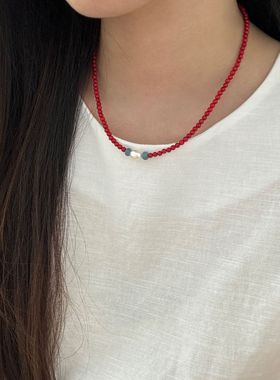 海竹串珠天然珍珠撞色红色项链女