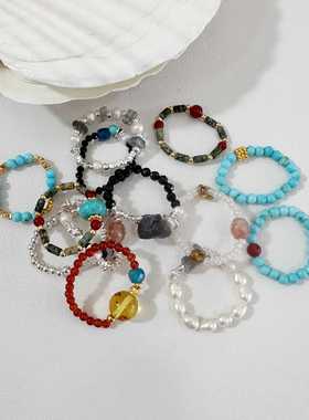 玛瑙冷淡风碎银子弹力绳纯银戒指