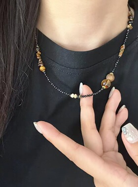 复古天然石黑色项链尖晶毛衣链