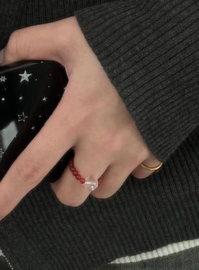 红玛瑙弹力戒指S925碎银子指环