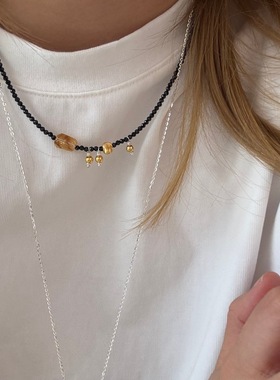 天然石猫眼珠流苏黑色项链925银