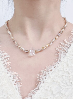 轻奢S925银项链白水晶贝壳串珠