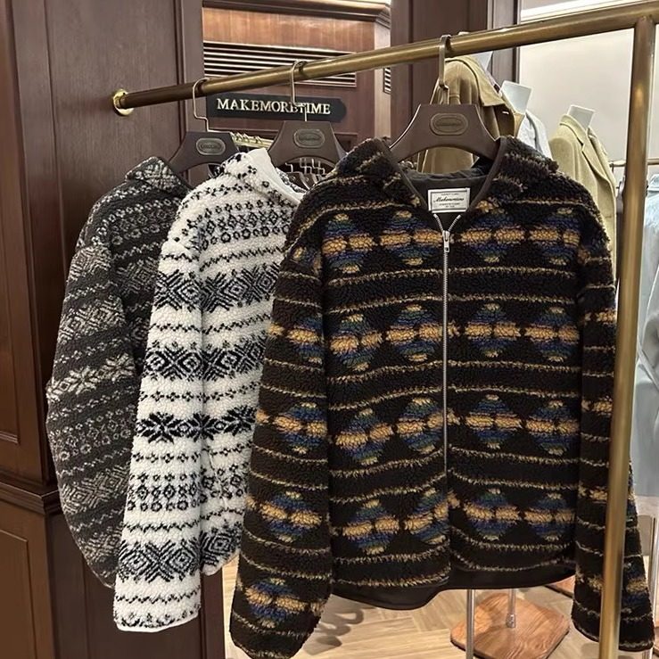 高品质！韩国2025秋冬新款复古费尔岛提花夹克女羊羔毛慵懒感外套,淘宝优惠券,粉丝福利购,淘宝优惠卷