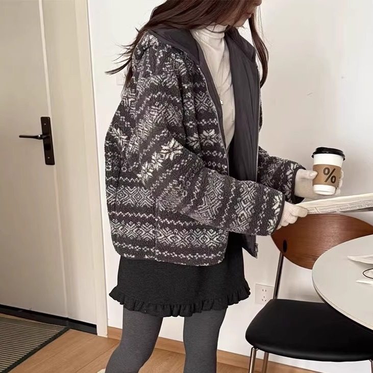 高品质！韩国2025秋冬新款复古费尔岛提花夹克女羊羔毛慵懒感外套,淘宝优惠券,粉丝福利购,淘宝优惠卷