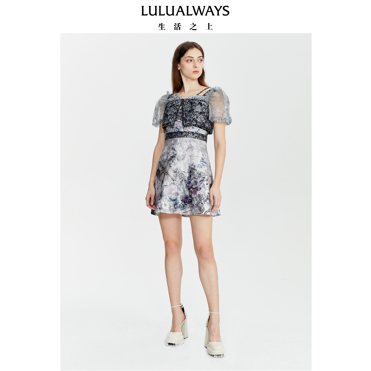 我爱露露LULUALWAYS夏季新款时尚优雅吊带短袖短款连衣裙 - 图1