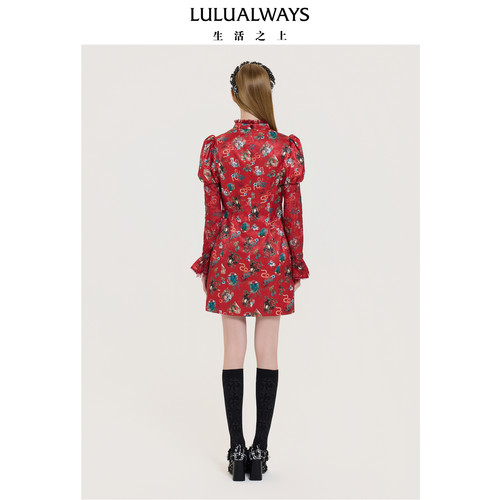 LULUALWAYS我爱露露25冬季新款华丽【盛世玫瑰】收腰短款女连衣裙-图0