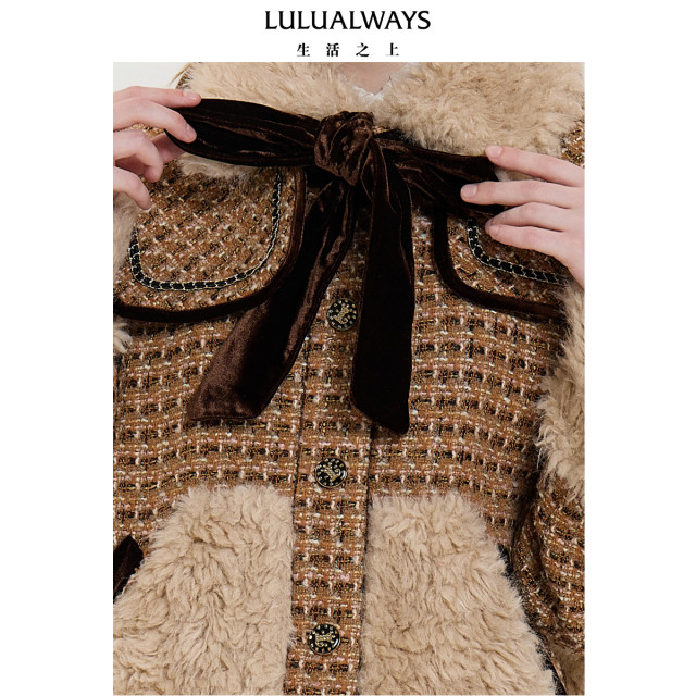 LULUALWAYS【商场同款】25冬季新款甜美气质毛绒蝴蝶结大衣长外套
