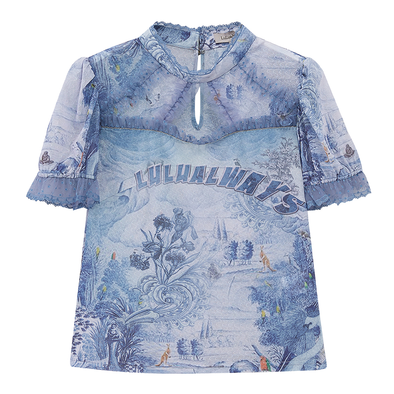 lulualways法式气质泡泡袖印花衬衫 LULUALWAYST恤