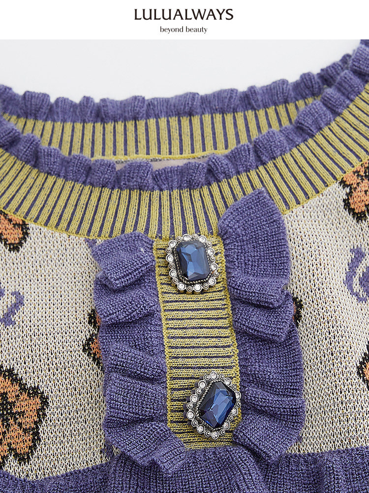 LULUALWAYS【商场同款】法式复古木耳拼接印花撞色口袋针织连衣裙,淘宝优惠券,粉丝福利购,淘宝优惠卷