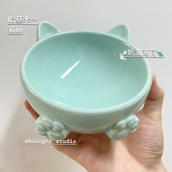 ໂຖປັດສະວະແມວ Ceramic slanted mouth bowl is not easy to knock over High-leg neck protector Heightened kitten cat food bowl Small dog dog bowl