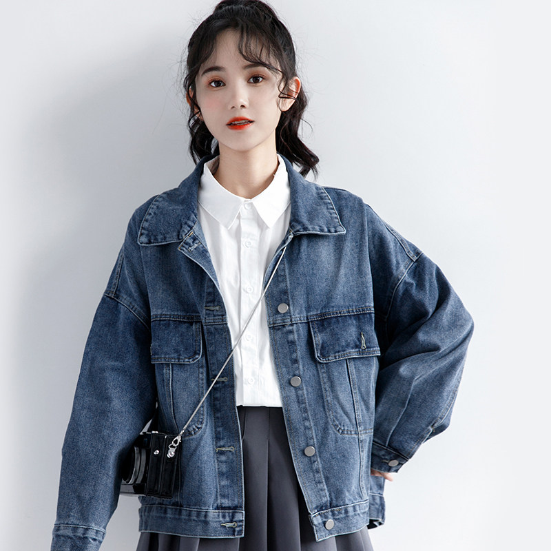 韩国2025早秋新款学院风深蓝色牛仔外套女秋冬韩版宽松夹克短外套,淘宝优惠券,粉丝福利购,淘宝优惠卷