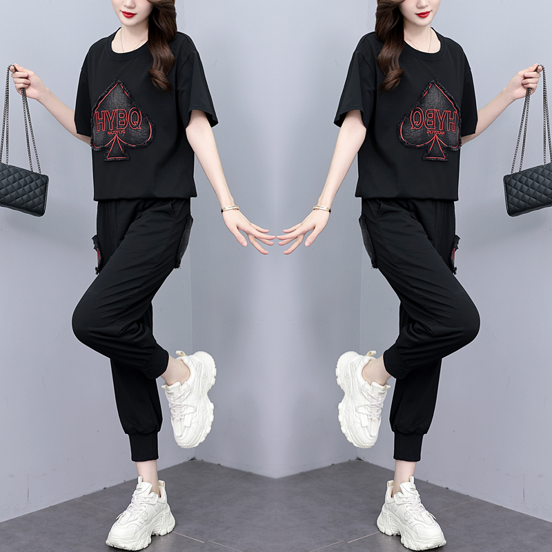 2025夏季新款牛仔短袖裤子套装女宽松遮肚休闲刺绣大码女装两件套 - 图1