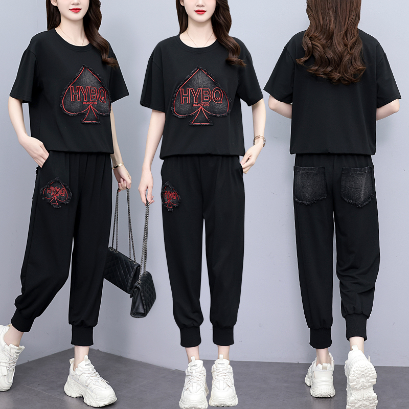 2025夏季新款牛仔短袖裤子套装女宽松遮肚休闲刺绣大码女装两件套 - 图2