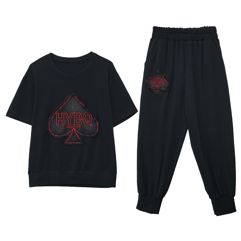 2025夏季新款牛仔短袖裤子套装女宽松遮肚休闲刺绣大码女装两件套 - 图3