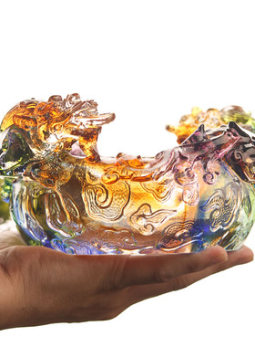 珍悦古法琉璃双狮聚宝盆摆件