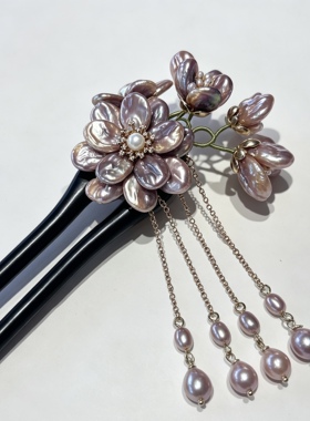 原创设计天然巴洛克珍珠发簪U型簪黑檀木国风汉服发饰新中式