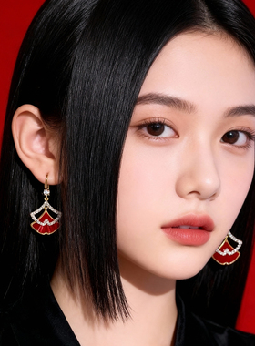 红色玄学旺财扇形小香风银杏耳环