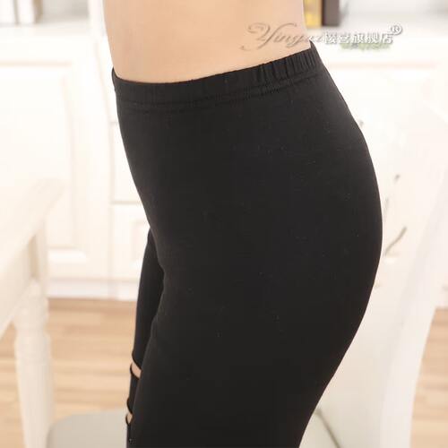 韩版个性破洞修身大码女士外穿棉九分打底裤子长裤春秋夏季薄款黑 - 图2