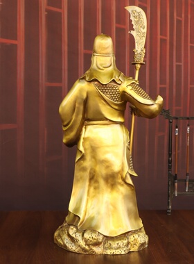 黄铜关公摆件武财神托聚宝盆关羽