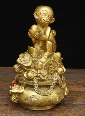 黄铜金猴聚宝盆摆件家居店铺桌面