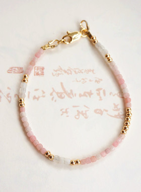 【粉黛】天然粉澳宝方糖珠极细手链粉欧泊2mm蛋白石不褪色戴洗澡