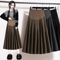 Autumn Winter Pregnant Woman Thicken hair Semi dress Slim Fit Slim 100 Lap Mid-Length College Wind Plexu Skirt Tobelly A-word Dress