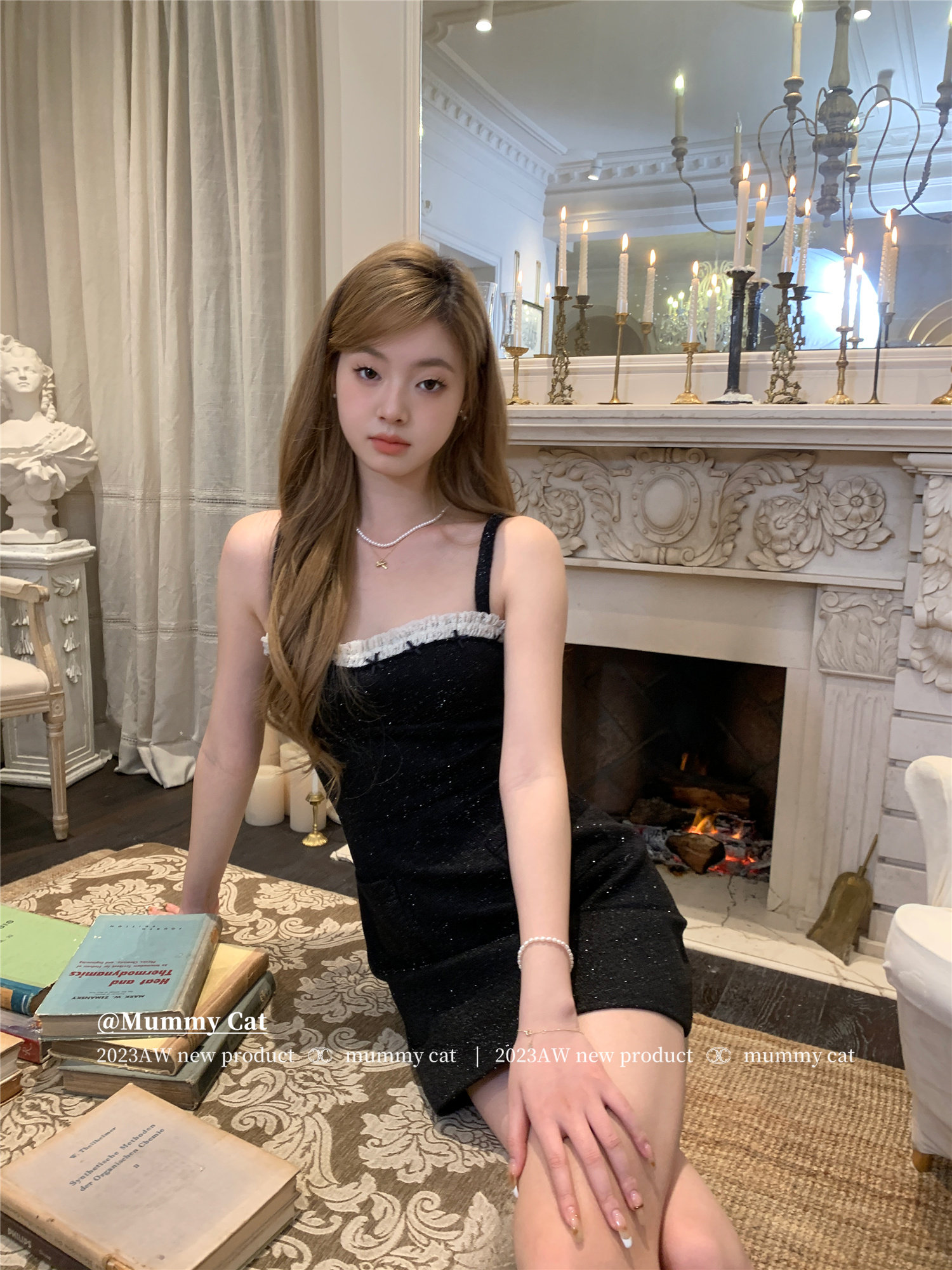 Mummy Cat下蛋喵  年会战裙 黑色亮丝丝钉珠小香风吊带礼服连衣裙