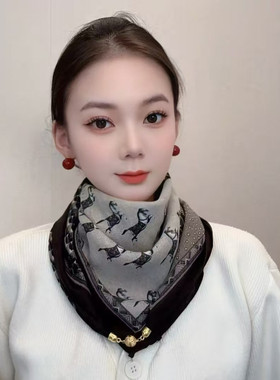 磁扣棉麻小方巾丝巾女春秋薄款三角围巾百搭护颈领巾夏季保暖围脖