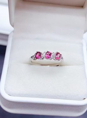 925纯银碧玺戒指活圈镶嵌3粒椭圆3×4透辉石石榴石戒托银托批发