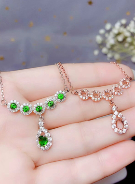 925银吊坠锁骨链镶嵌圆3×3椭圆4×5宝石翡翠透辉石空托银托加工