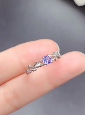 S925银天然坦桑石戒指镶嵌圆形4/5mm红蓝宝石碧玺定制加银托空托