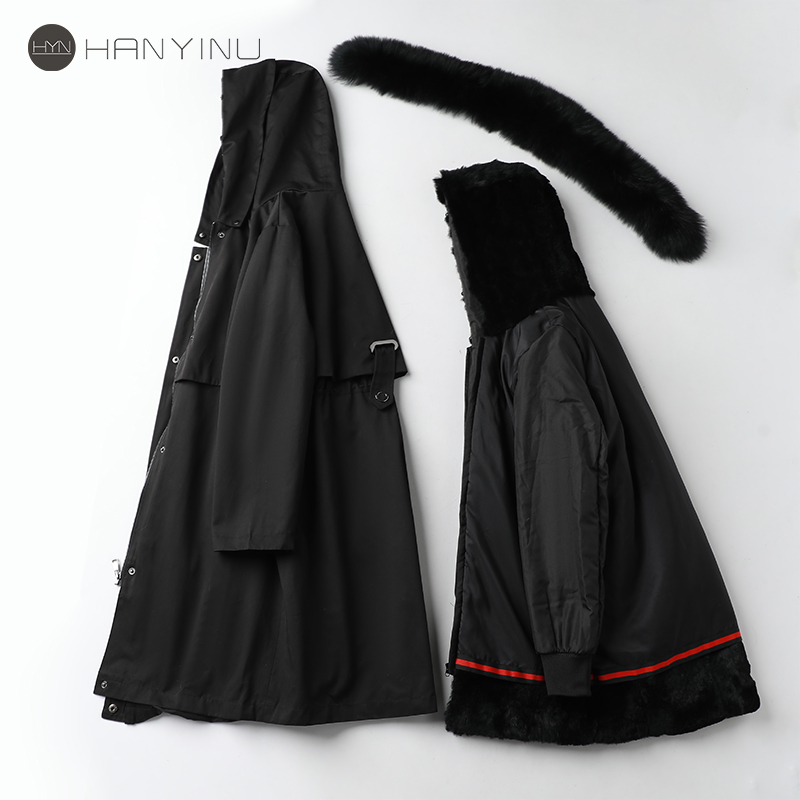 派克服女中长款黑色狐狸毛领秋冬大衣2025新獭兔毛内胆可拆卸外套 - 图2