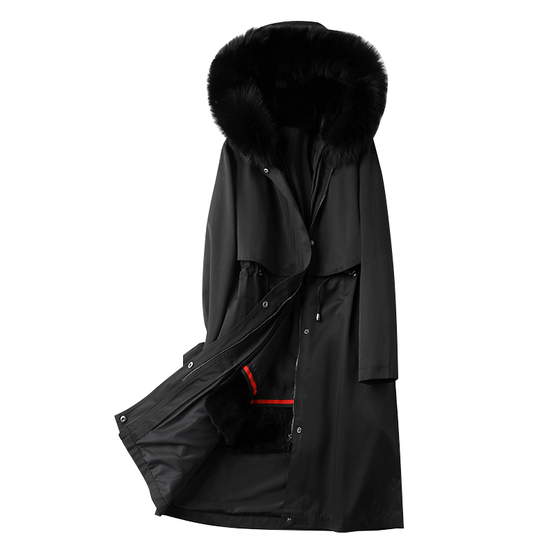 派克服女中长款黑色狐狸毛领秋冬大衣2025新獭兔毛内胆可拆卸外套 - 图3