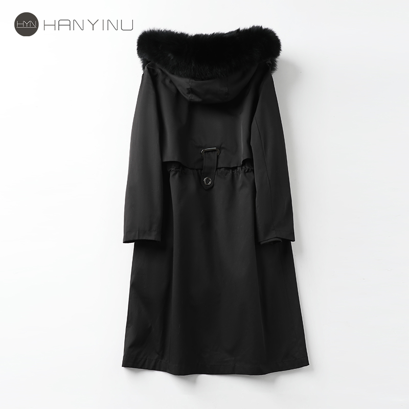 派克服女中长款黑色狐狸毛领秋冬大衣2025新獭兔毛内胆可拆卸外套 - 图0