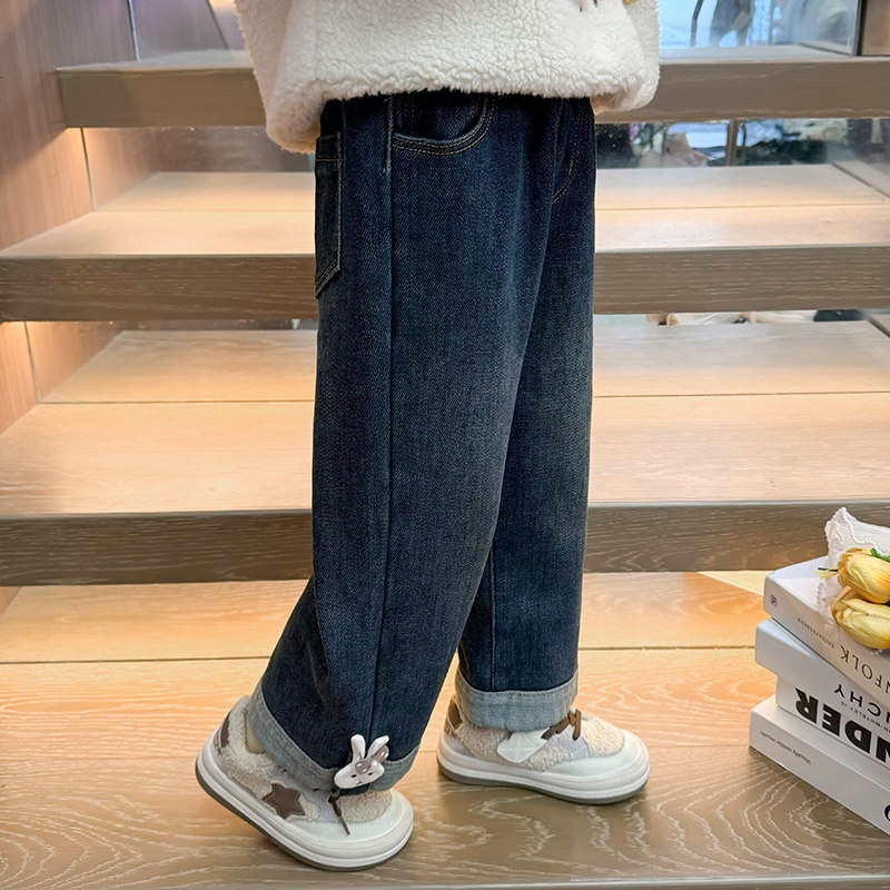 女童加绒牛仔裤冬装秋冬新款洋气儿童女孩加厚宝宝一体绒直筒裤子,淘宝优惠券,粉丝福利购,淘宝优惠卷
