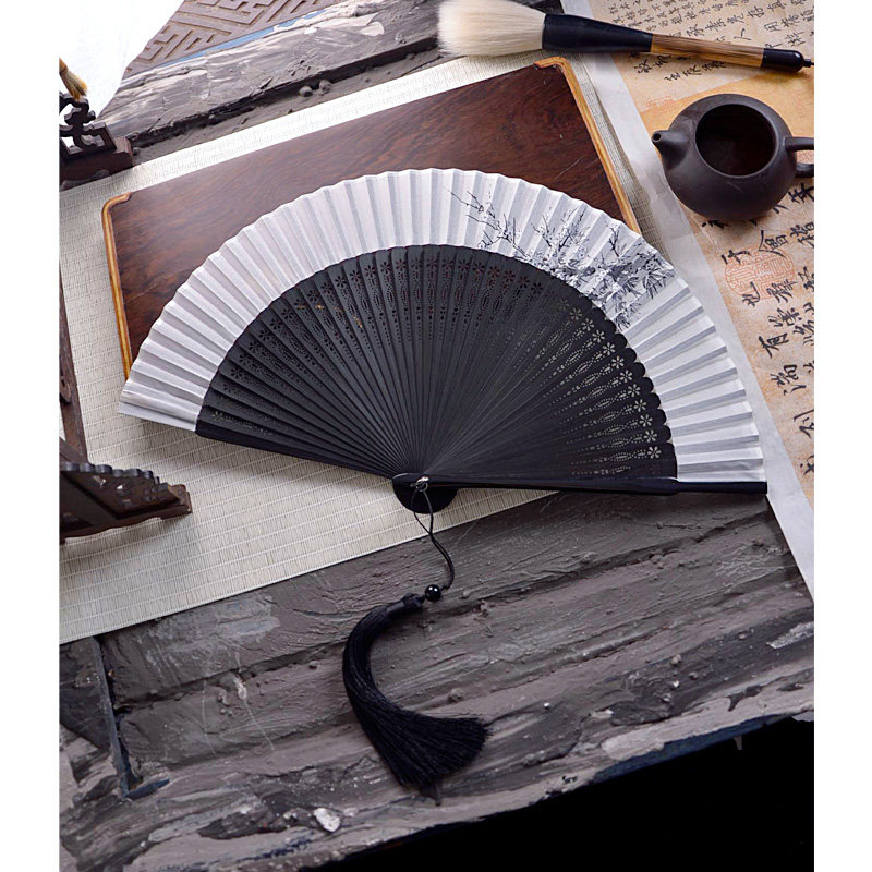 中国风全竹雕刻镂空扇子日式纯色黑色扇子古风旗袍夏季男女舞蹈扇,淘宝优惠券,粉丝福利购,淘宝优惠卷