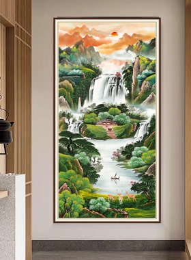 中式山水字画壁画玄关自粘墙贴画
