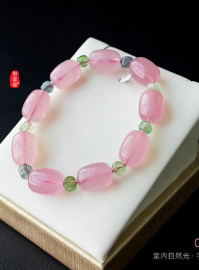和嘉裕天然绿碧玺马粉手链原创设计原石回纹雕刻粉晶手串精品首饰