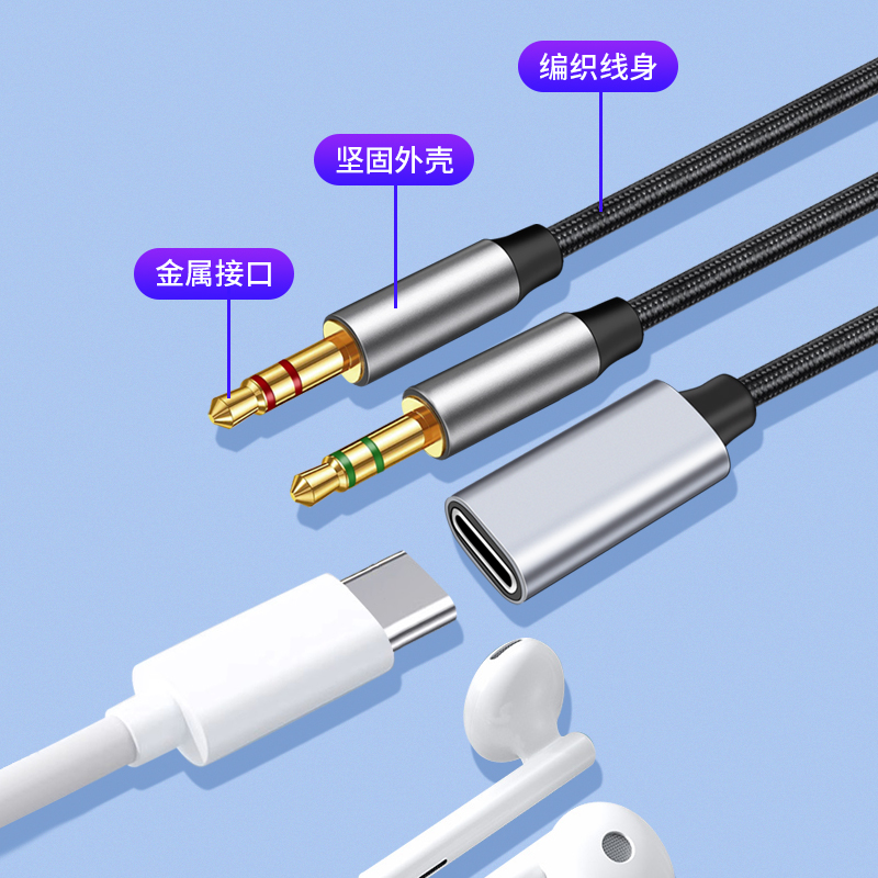 Type c模拟耳机tpc转3.5mm公音频线圆孔转接头typc母口tpyec转换器一分二双3.5连电脑台式主机笔记本声卡手机 - 图3