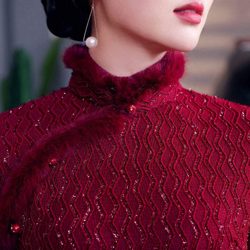 婚礼喜婆婆长袖中长款小个子厚旗袍 淑女记旗袍