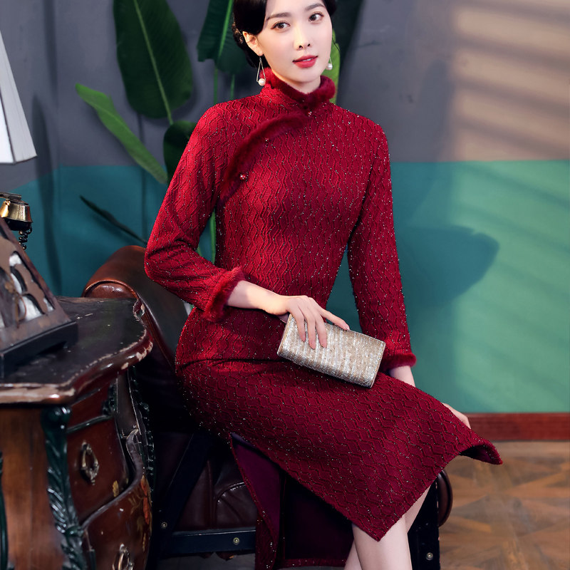 婚礼喜婆婆长袖中长款小个子厚旗袍 淑女记旗袍