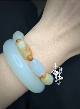 *吉祥玉易坊*新疆和田籽料 白玉/黄沁料  仿古如意回纹勒子  手串