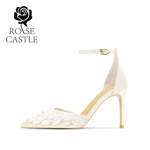 rosecastle一字带蕾丝高跟鞋凉鞋女新款夏季网纱主纱婚鞋女新娘鞋 - 图3