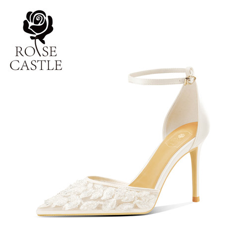rosecastle一字带蕾丝高跟鞋凉鞋女新款夏季网纱主纱婚鞋女新娘鞋 - 图2