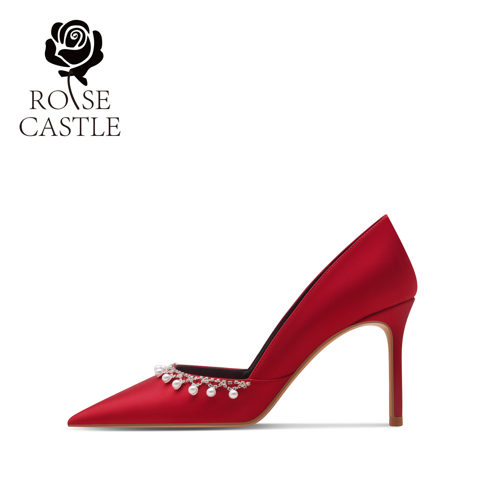 红霓絮语 rosecastle 婚鞋女高跟鞋红色秀禾鞋尖头细跟珍珠单鞋,淘宝优惠券,粉丝福利购,淘宝优惠卷