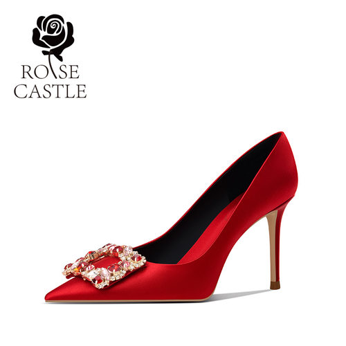rose castle婚宴鞋 红色秀禾婚鞋女中式婚礼水钻方扣高跟新娘单鞋 - 图2
