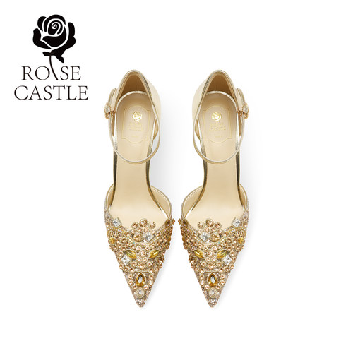 rosecastle金色婚鞋女新娘鞋细跟一字带水钻秀禾鞋宴会高跟礼服鞋 - 图0