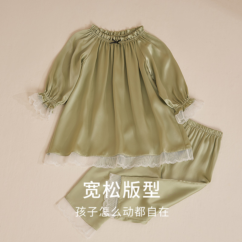 金三塔儿童真丝睡衣100%桑蚕丝蕾丝荷叶边圆领女童家居服衣裤套