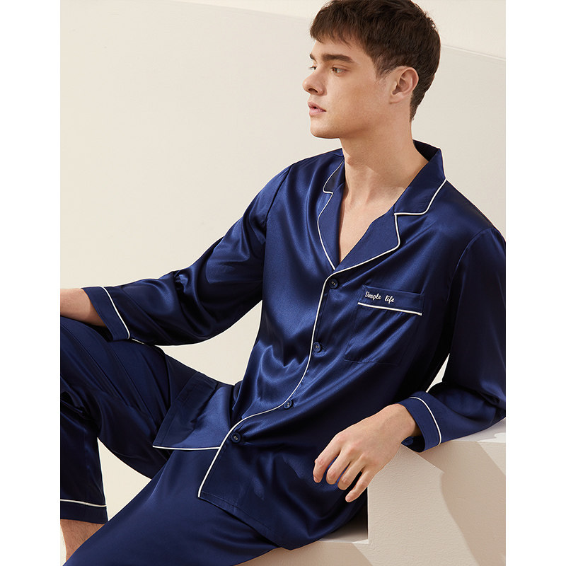 情侣男女春夏款桑蚕丝长袖结婚睡衣 金三塔浙江睡衣/家居服套装